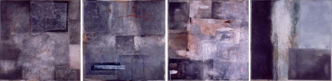 Composition de 4 peintures sur bois carrées de 90 x 90 cm